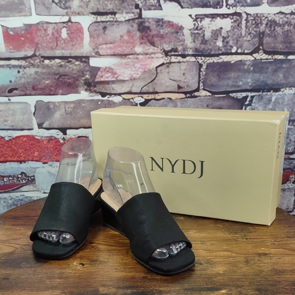 NYDJ "Claudine" Denim/Patent Leather Low Wedge Slides